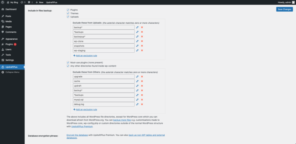 UpdraftPlus backup exclusions settings for WordPress, showing rules to omit staging, cache, and other temporary files from backups.