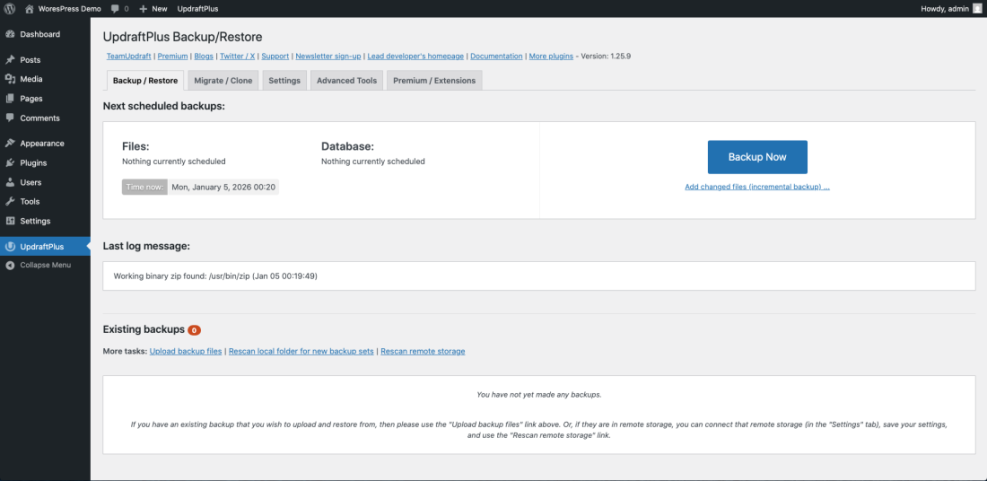 UpdraftPlus WordPress backup and restore plugin screen showing options for scheduled backups, manual backup, and existing backups management.