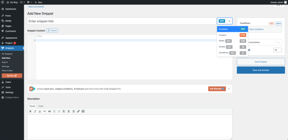 WordPress admin 'Add New Snippet' screen for Code Snippets plugin, displaying a PHP code editor and options for HTML, CSS, JS, and conditions.