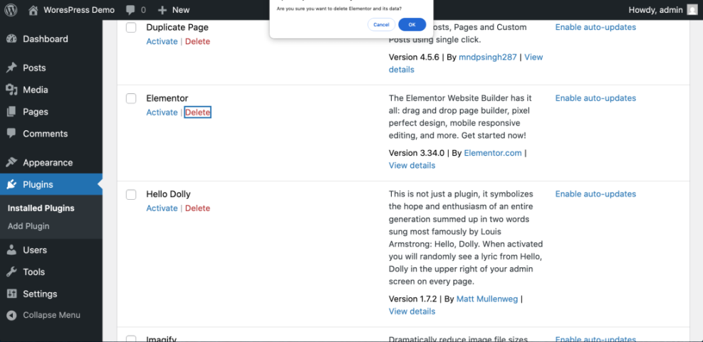 WordPress dashboard with Elementor plugin delete confirmation prompt, illustrating plugin removal during an audit.