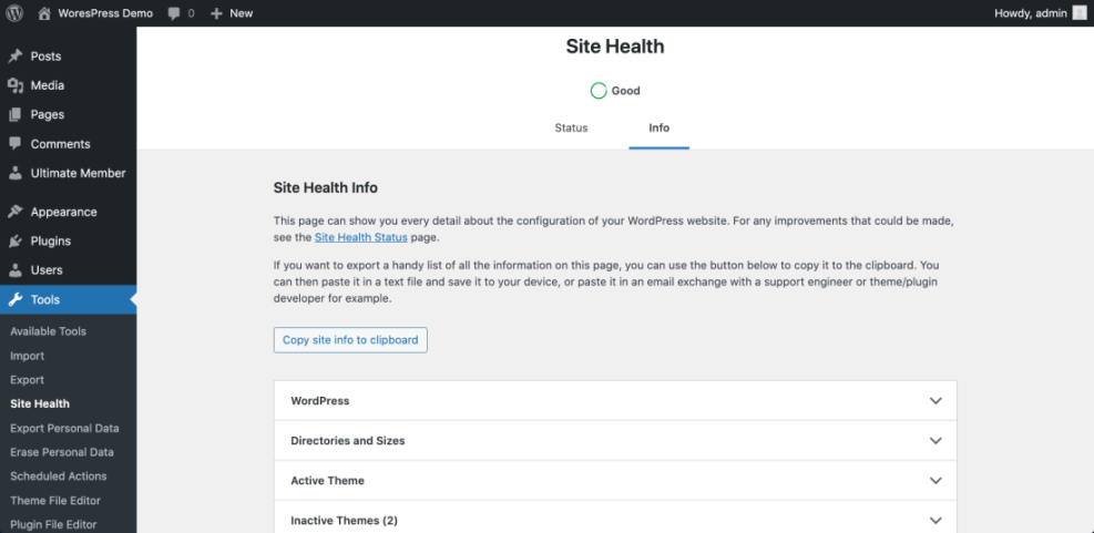 WordPress Site Health Info tab in admin dashboard, showing system configuration details. Essential for performance tuning.