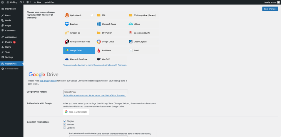 UpdraftPlus WordPress backup plugin settings with Google Drive selected as remote storage option for secure site backups.