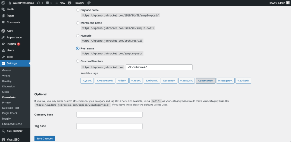 WordPress permalinks settings page, highlighting the 'Post name' option for creating SEO-friendly URLs, crucial for WordPress SEO.