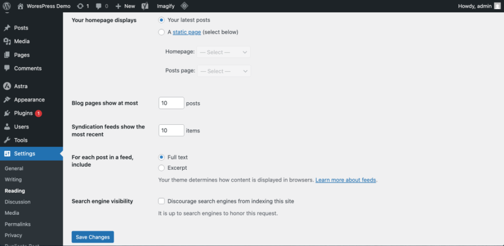 WordPress Reading Settings page, displaying homepage, posts per page, feed content, and search engine visibility for SEO.