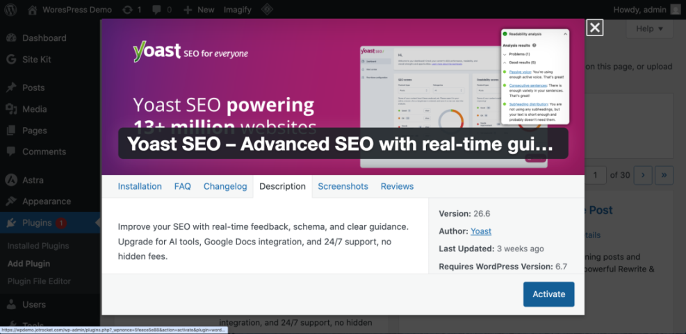 WordPress admin showing Yoast SEO plugin details. A modal displays advanced SEO features, readability analysis results, and the plugin's activate button.