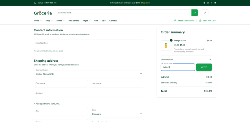 E-commerce checkout page on a WordPress site with order summary, contact & shipping forms, and a 'hello15' coupon code entered to apply discounts on a mango juice purchase.