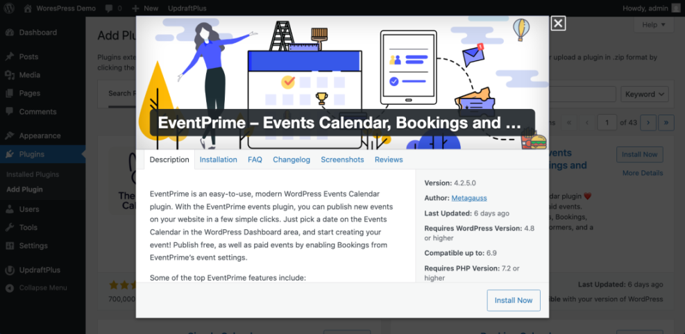 WordPress dashboard displaying the EventPrime events calendar plugin details for installation, showing calendar and booking features.