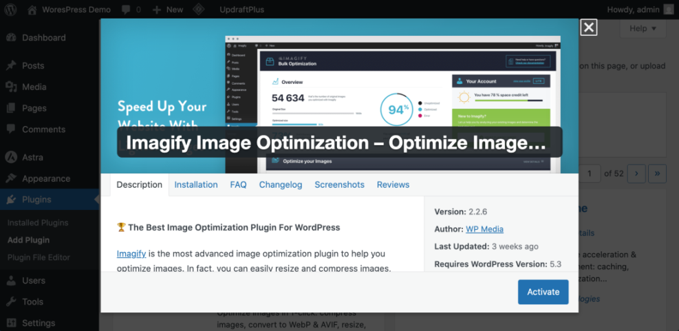 Imagify Image Optimization plugin page in WordPress admin interface, showing plugin details for improving WordPress speed optimization.