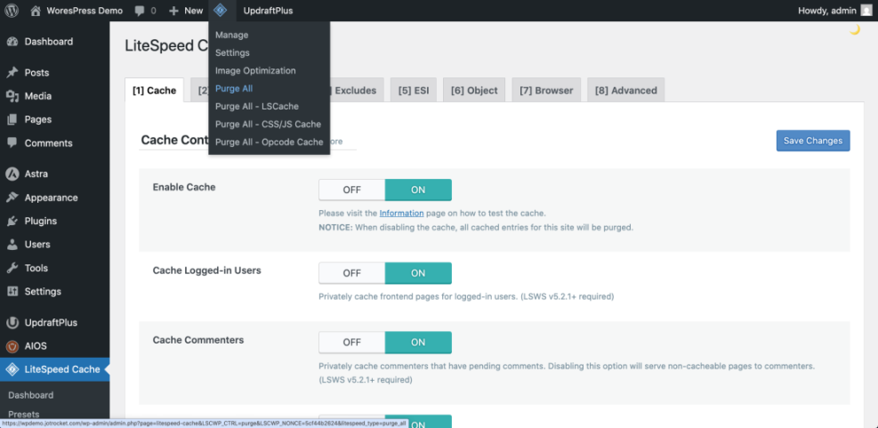 LiteSpeed Cache plugin showing 'Purge All' options to clear cache for WordPress speed optimization.