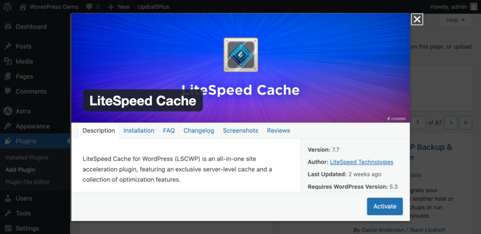 WordPress admin interface showing LiteSpeed Cache plugin details for speed optimization, including its description, version 7.7, and the activate button.