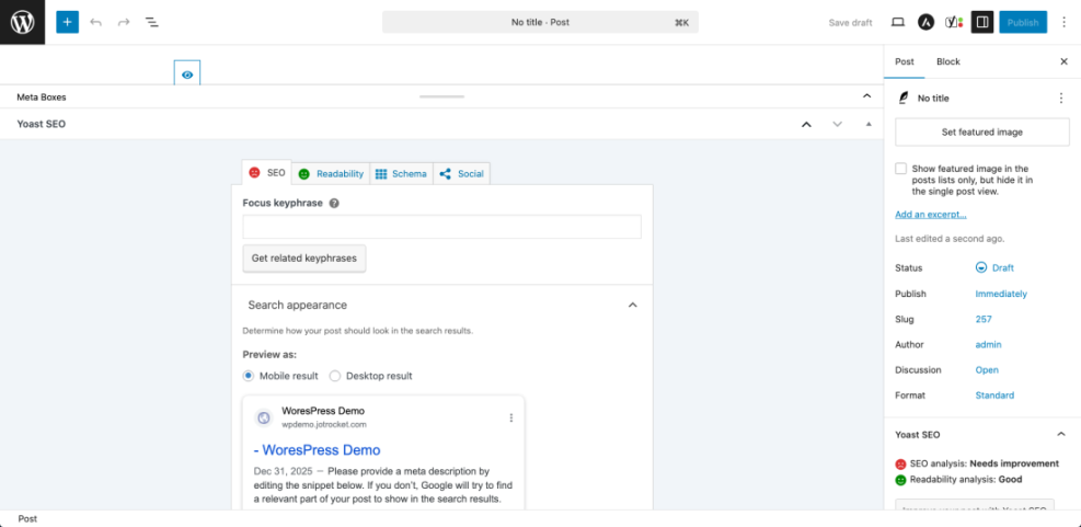 WordPress Gutenberg editor showing Yoast SEO plugin for blog post optimization, including focus keyphrase and search appearance preview.
