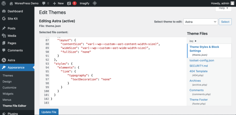 WordPress Theme File Editor displaying the Astra theme's theme.json file, highlighting typography settings to remove text decoration from links.
