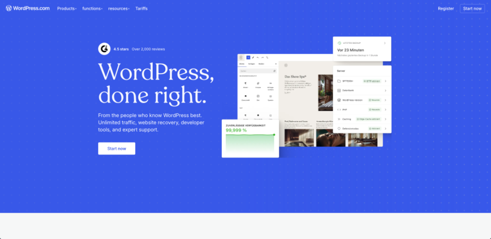 WordPress.com dashboard displaying robust hosting features: automated backups, server controls, optimized caching, and 99.999% uptime.