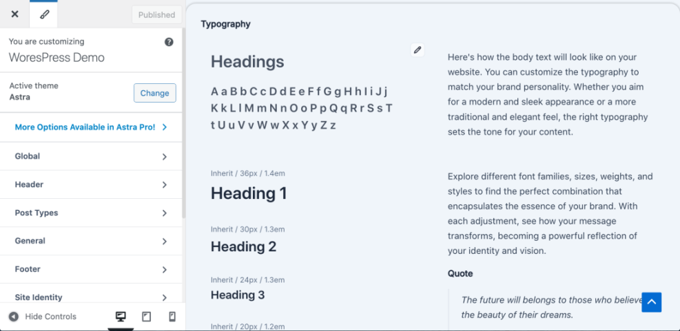 WordPress Customizer displaying Astra theme typography settings, including heading styles and body text, crucial for changing fonts.