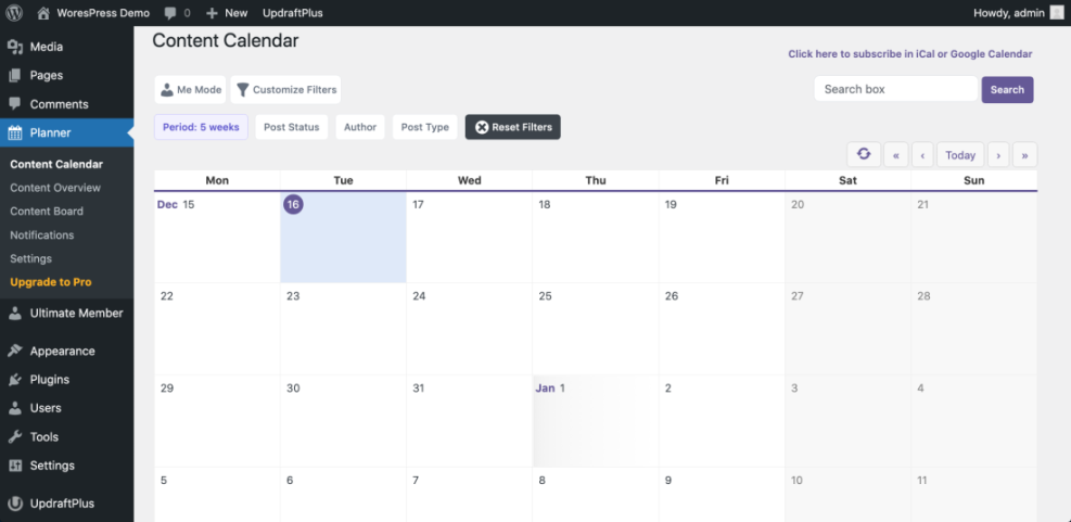 WordPress Content Calendar showing a 5-week view from Dec 15 to Jan 11 for planning posts and managing content strategy.