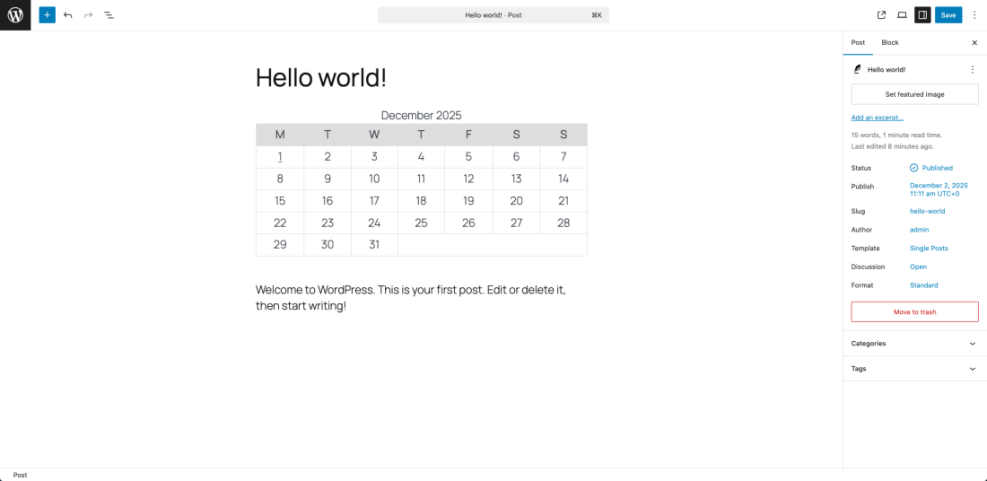 WordPress Gutenberg post editor displaying a 'Hello world!' post with a December 2025 calendar, useful for planning and managing content.