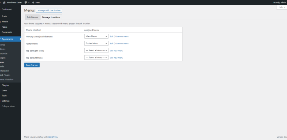 WordPress 'Manage Locations' menu screen assigning Main Menu to Primary/Mobile and Footer Menu to Footer. Essential for site navigation.