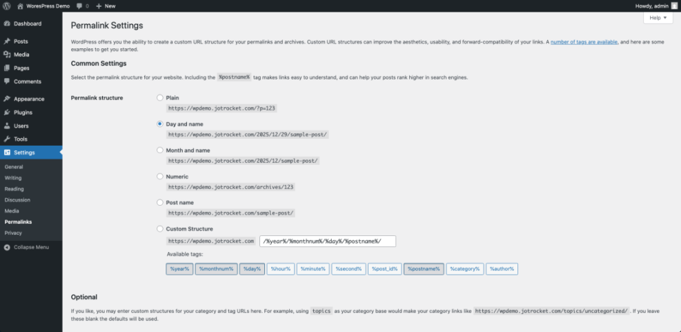 WordPress Permalink Settings page showing the 'Day and name' permalink structure selected, with options for custom URL structures and available tags.
