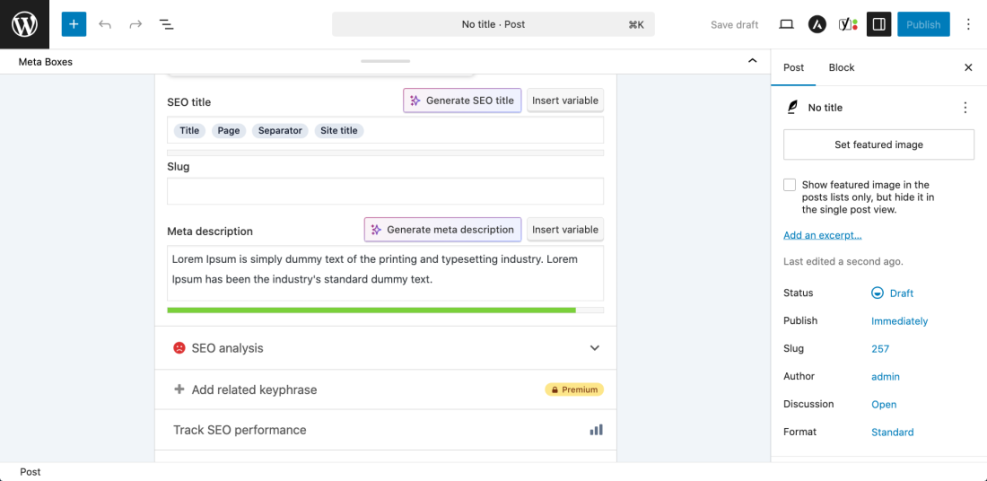 WordPress Gutenberg editor with Yoast SEO meta box displaying title, slug, meta description fields, and SEO analysis for blog post optimization.