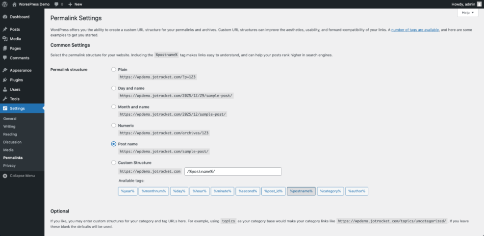 WordPress permalink settings displaying SEO-friendly URL structure options, with "Post name" selected.