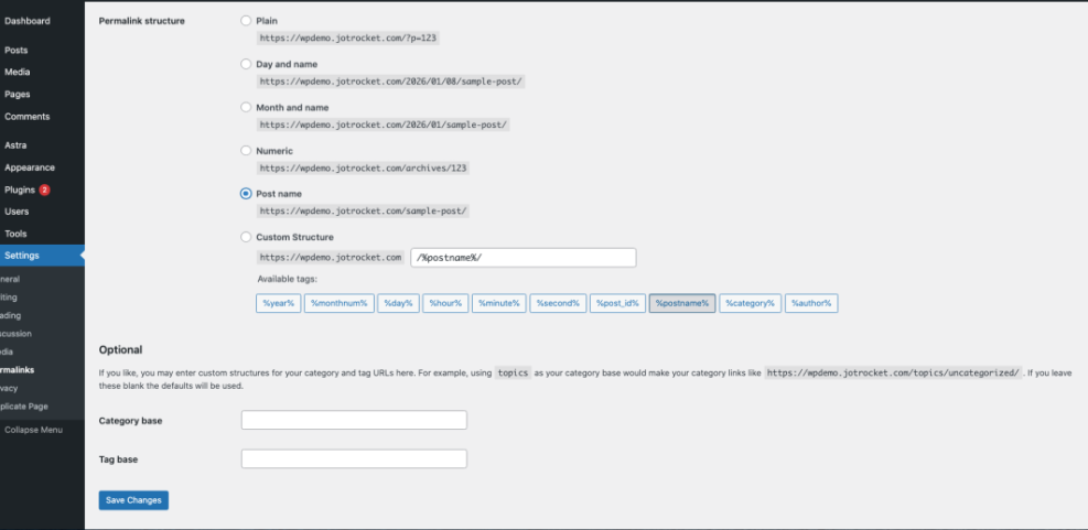 WordPress Permalinks settings page with 'Post name' structure selected, crucial for creating SEO-friendly URLs and site structure.