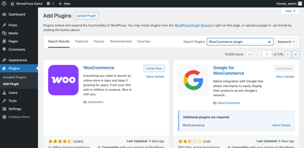 WordPress 'Add Plugins' screen showing search results for 'WooCommerce plugin', highlighting the core WooCommerce e-commerce plugin for installation.