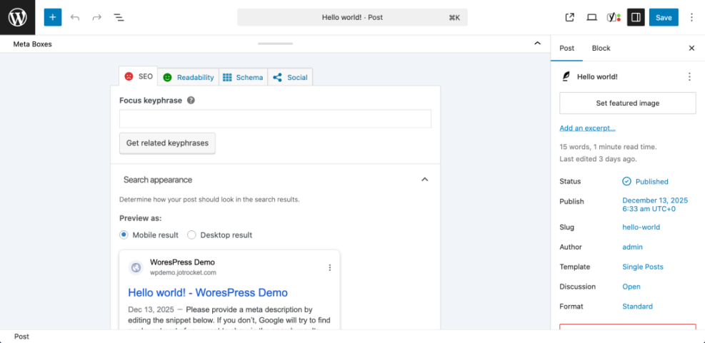 WordPress post editor displaying Yoast SEO meta box with focus keyphrase, search appearance preview, and post publishing details.