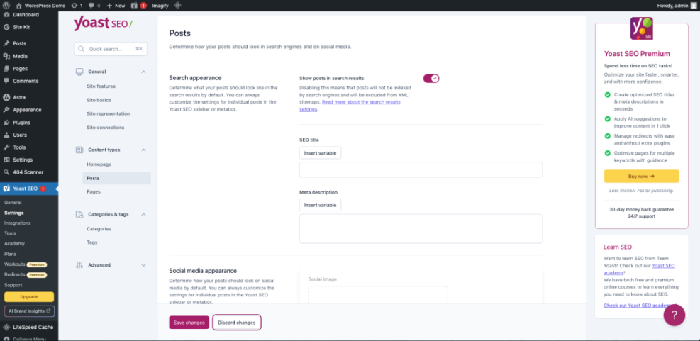 Yoast SEO settings for posts in WordPress, showing the search appearance configuration for SEO title and meta description fields.
