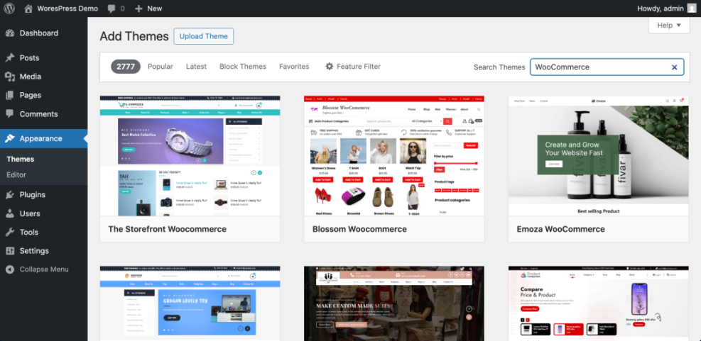 WordPress Add Themes screen displaying a selection of WooCommerce-compatible e-commerce themes after searching for 'WooCommerce'.