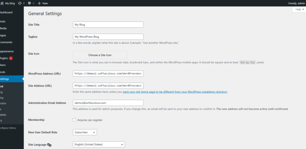 Screenshot of the WordPress General Settings dashboard, showing fields for site title, URLs, and administration email, crucial for a content planning workflow.