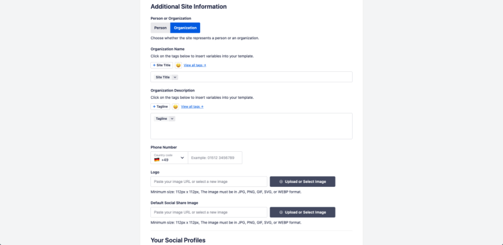 WordPress settings for Additional Site Information, showing organization name, description, phone number, logo, and social share image, crucial for local SEO.