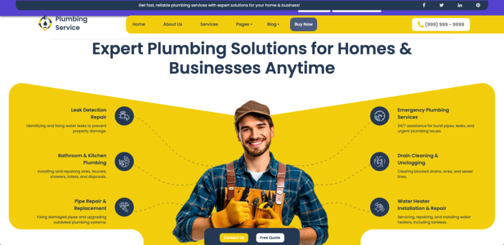 Professional plumbing service website homepage featuring a smiling plumber, key services like leak detection, emergency repairs, and clear calls to action for local customers.