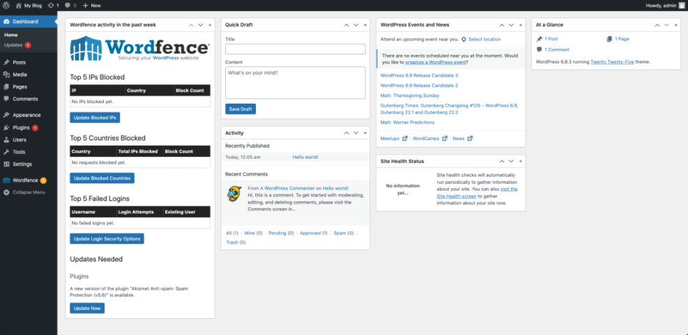 WordPress dashboard displaying the Wordfence security plugin's main activity widget, ideal for monitoring site security.