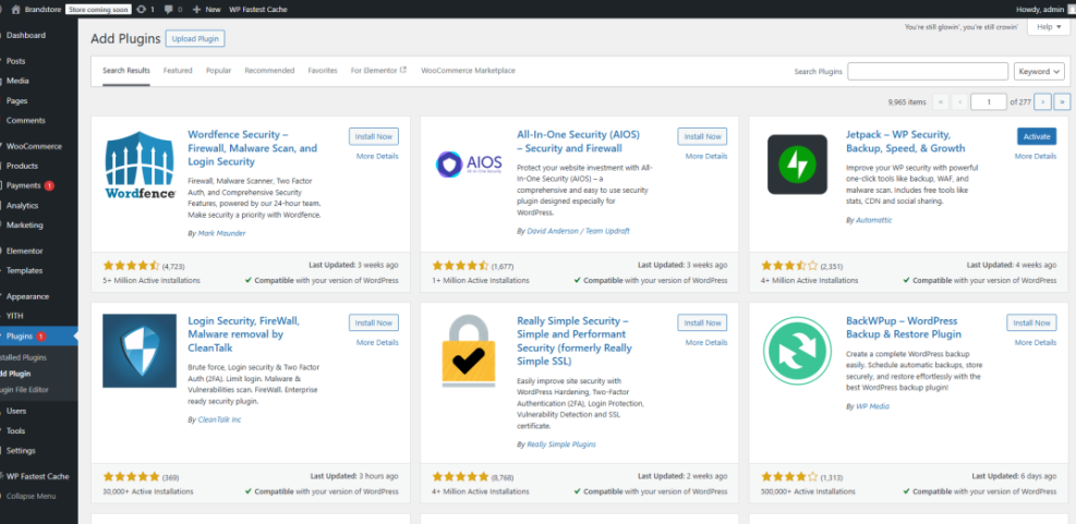 WordPress dashboard 'Add Plugins' screen displaying top security plugins such as Wordfence, AIOS, and Jetpack, ready for installation.