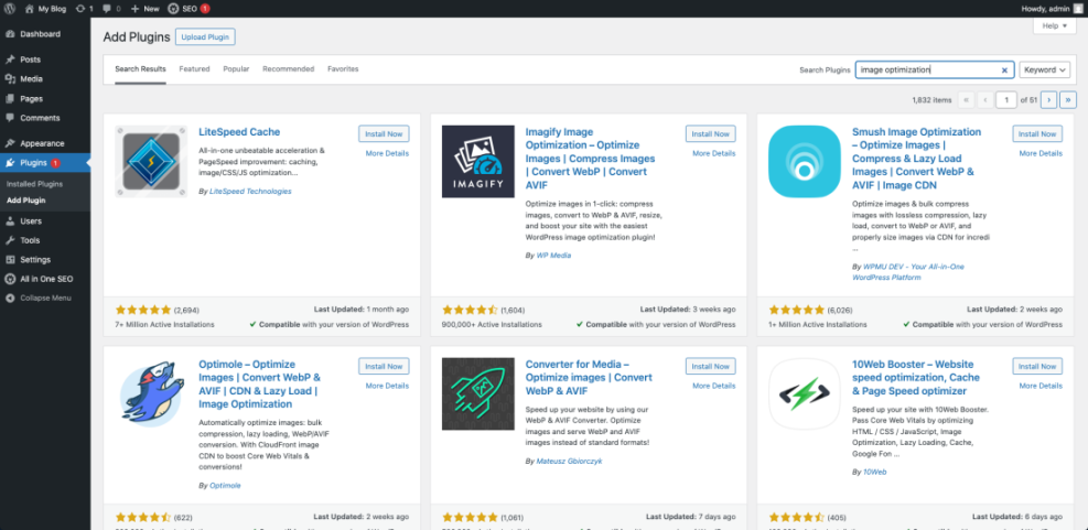 WordPress dashboard's 'Add Plugins' screen showing search results for 'image optimization' plugins including Smush, Imagify, and LiteSpeed Cache.
