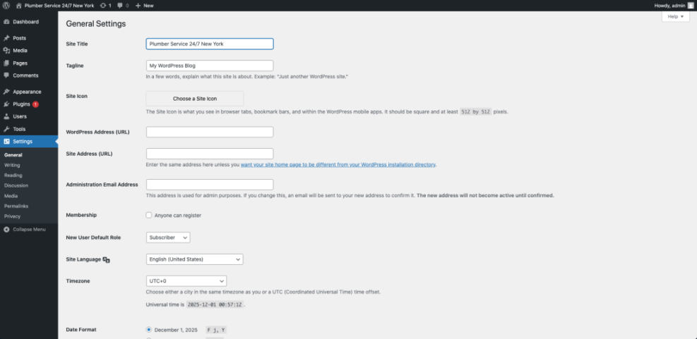 WordPress General Settings displaying a local business site title 'Plumber Service 24/7 New York', essential for local SEO.