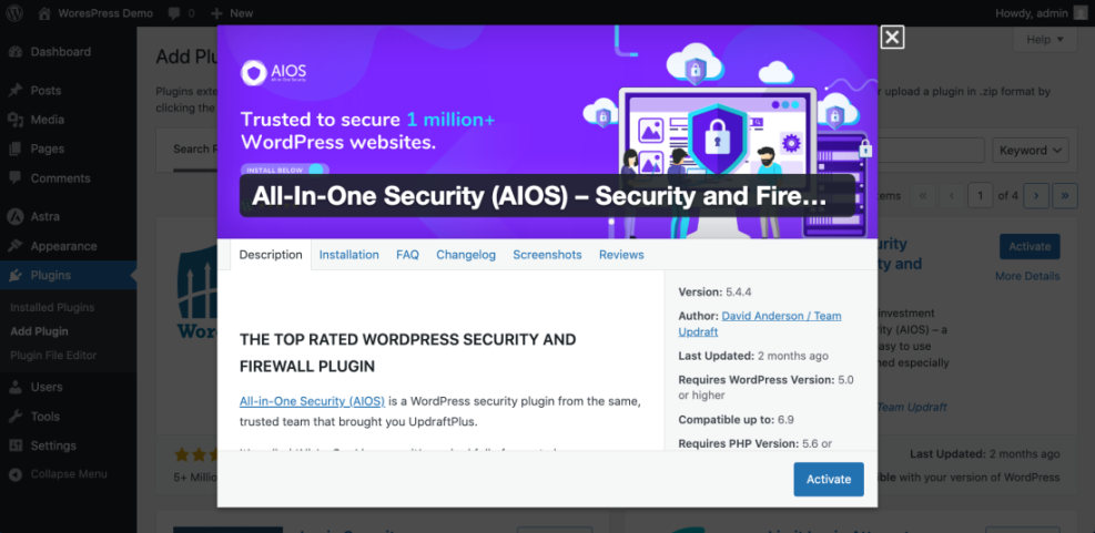 WordPress dashboard showing the All-In-One Security (AIOS) plugin details, an essential tool for WordPress security and firewall protection.