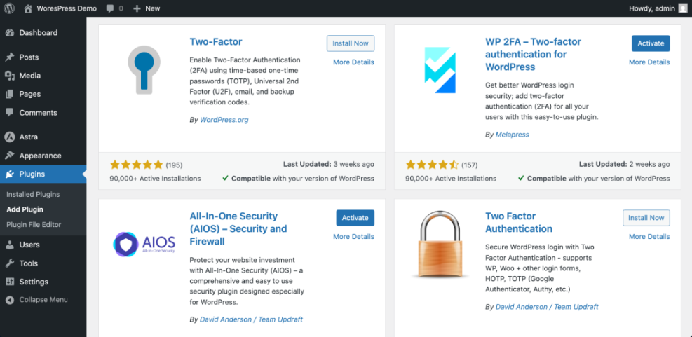 WordPress Add Plugins screen displaying top security and two-factor authentication (2FA) plugins for enhanced site protection.