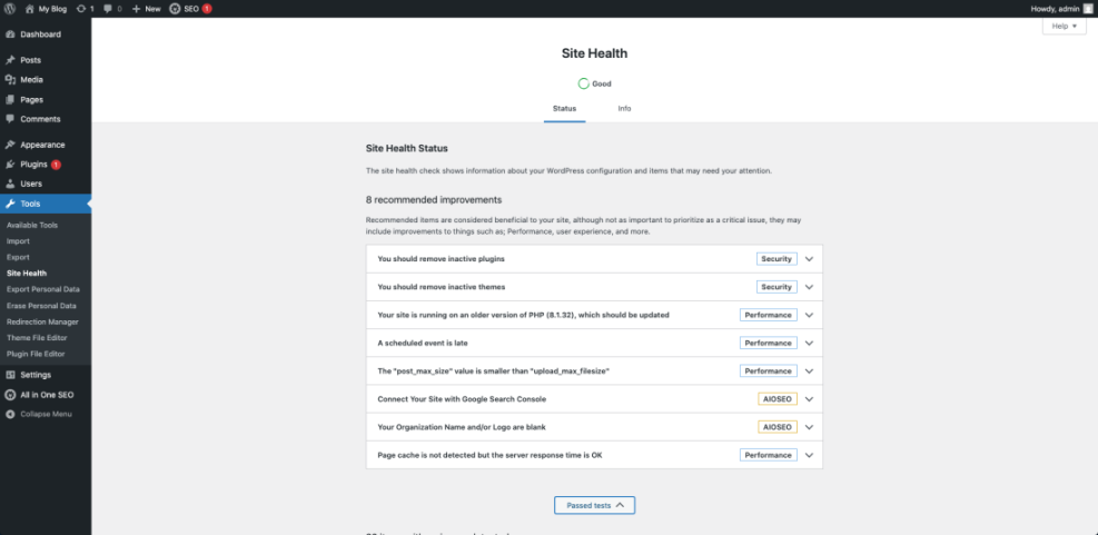 WordPress Site Health status screen displaying 8 recommended improvements for speed optimization, security, and SEO.