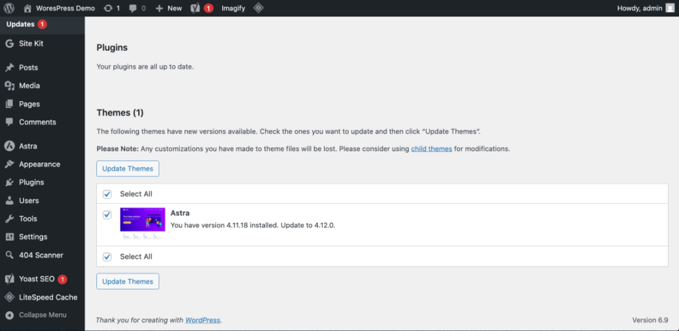 WordPress Updates page showing an available update for the Astra theme (4.11.18 to 4.12.0) with plugins up to date, ready for theme update.