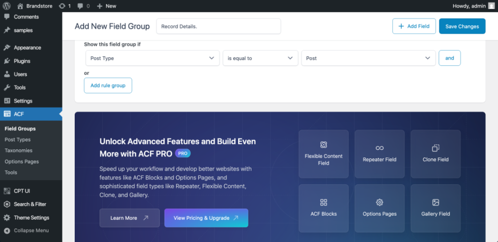 ACF Field Group settings showing how to assign custom fields to a 'Post' type, essential for building a searchable WordPress database.