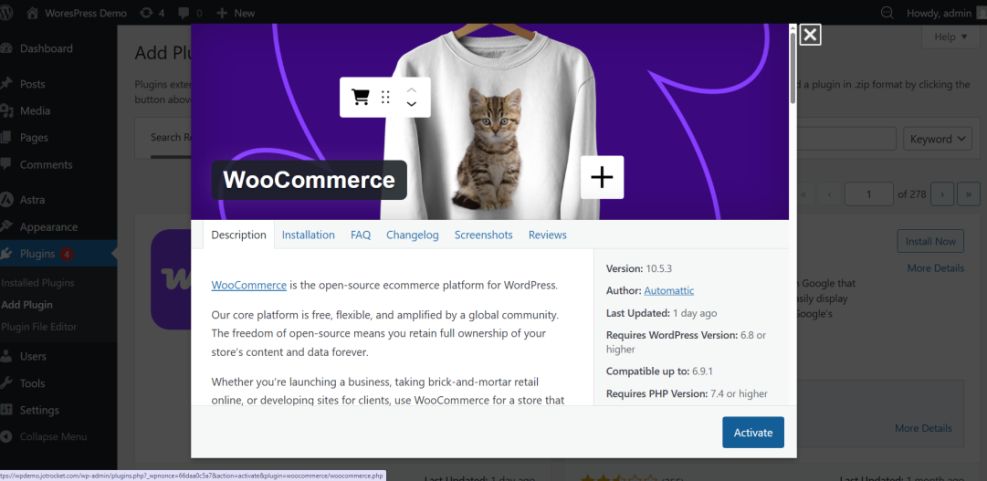 WordPress Add Plugins screen displaying WooCommerce plugin details, description, version, and the prominent 'Activate' button for installation.