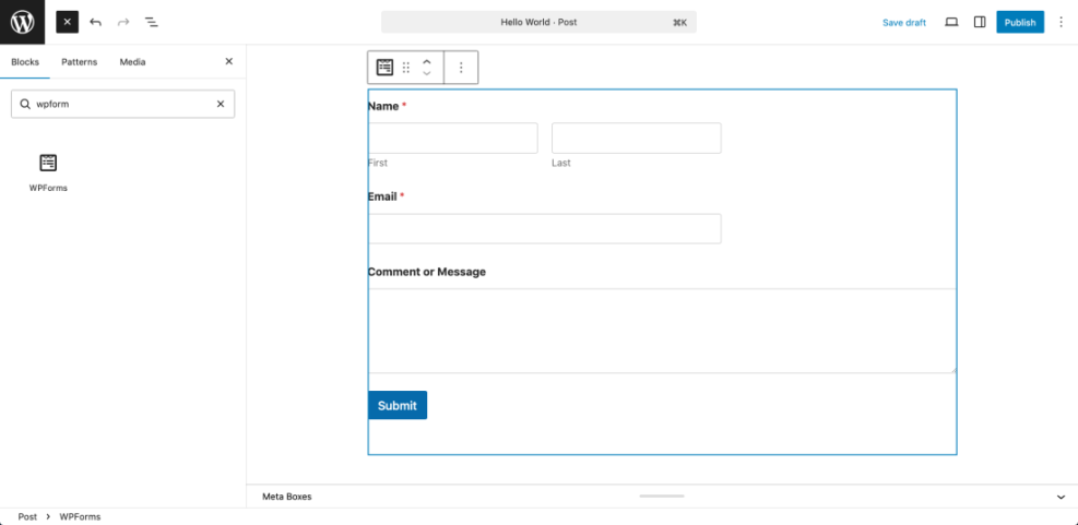 WordPress editor showing the WPForms block selected on the left sidebar and a contact form with Name, Email, and Message fields displayed in the main content area.