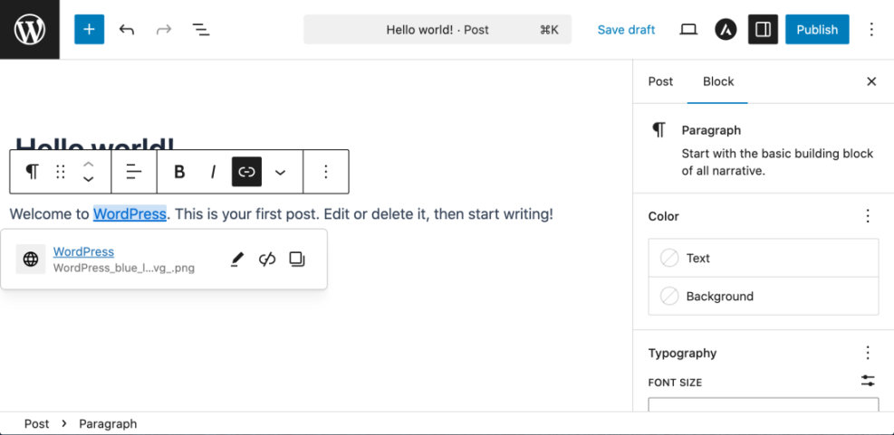 Screenshot of the WordPress block editor showing selected text and link management options for adding an internal link.