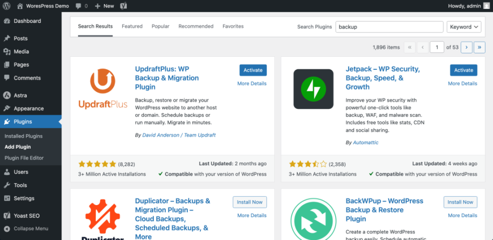 WordPress 'Add Plugins' screen showing search results for WordPress backup plugins, with UpdraftPlus and Jetpack highlighted.