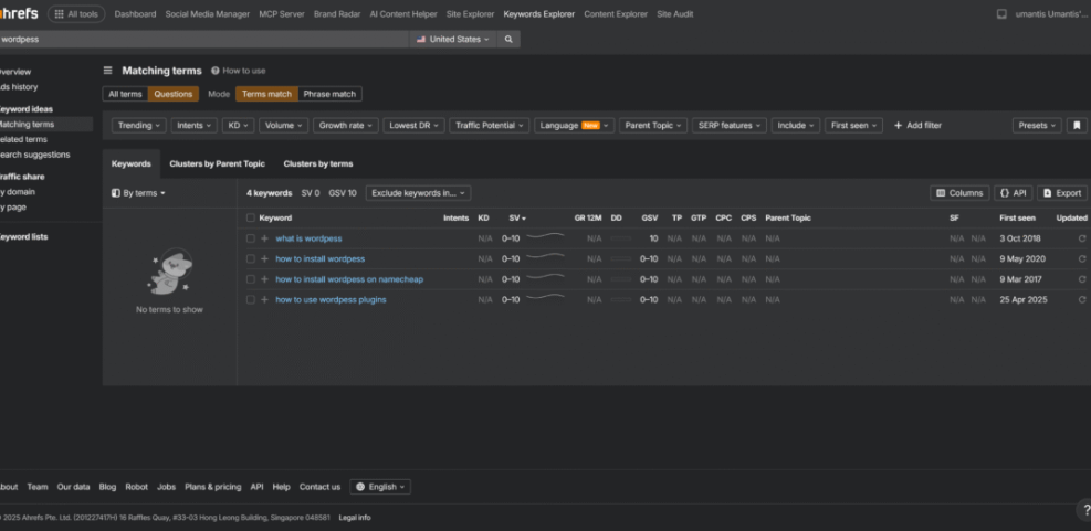 Ahrefs Keywords Explorer displaying question-based keyword ideas for 'wordpress', including search volume and difficulty, vital for WordPress SEO strategy.