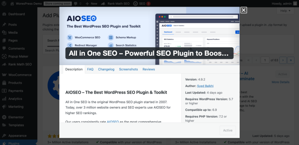WordPress dashboard with AIOSEO plugin popup, prominently featuring its Schema Markup tool for structured data.