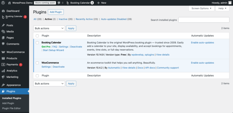 WordPress Plugins dashboard showing active Booking Calendar and WooCommerce, essential for creating an Airbnb-like website.