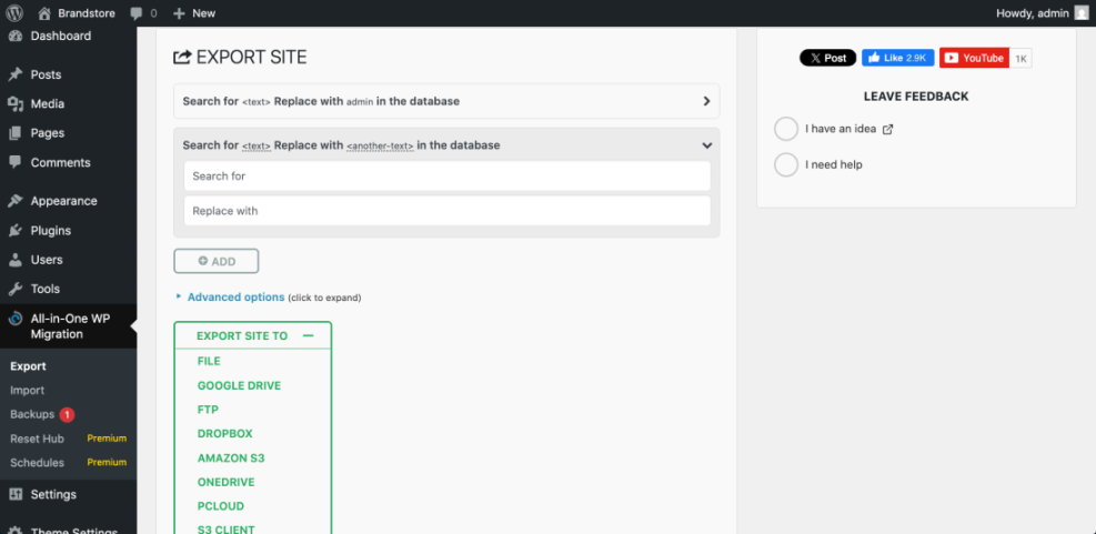 All-in-One WP Migration 'Export Site' screen for moving a WordPress site to a new host. Shows database search/replace & export options (File, FTP).