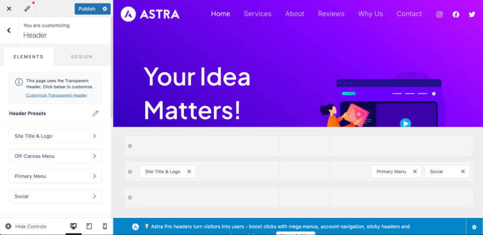 Astra theme header builder in WordPress customizer showing site title, logo, primary menu, and social icons for website design.